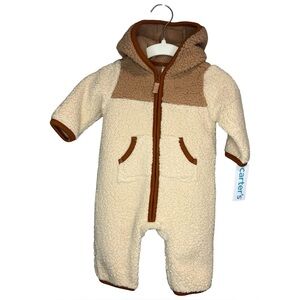 NWT Carter's Cream and Brown Fleece Hooded Zip Up Baby One Piece size 3mo